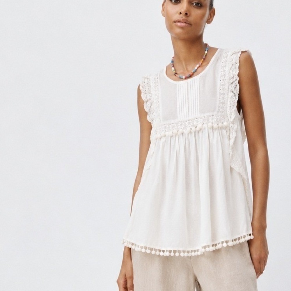 Zara White Lace-Trim Sleeveless Peasant Blouse